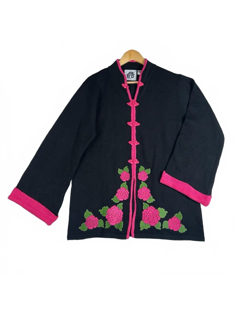Storybook Knits Black Whimsigoth Knit Cardigan Pink Rose Embroidered Sweater 1X